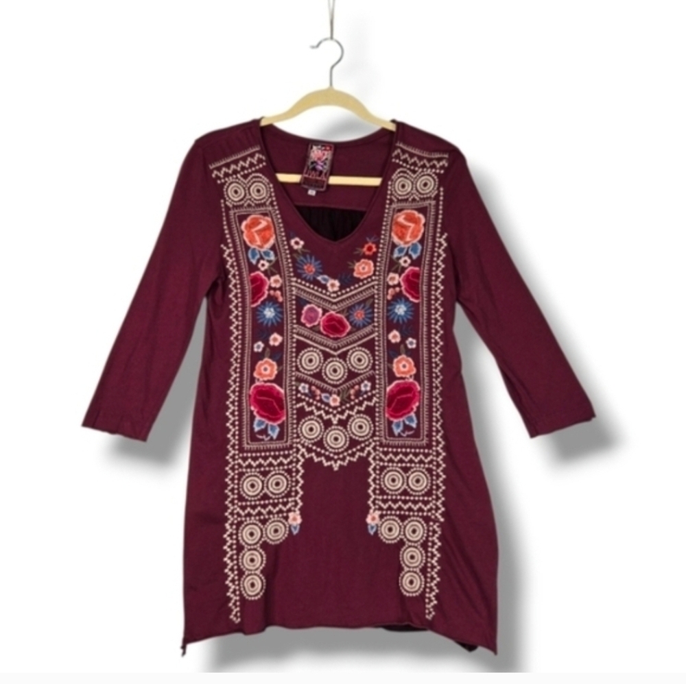 Johnny Was Burgundy Embroidered Tunic Top Boho Floral 3/4 Sleeve Top Size XS